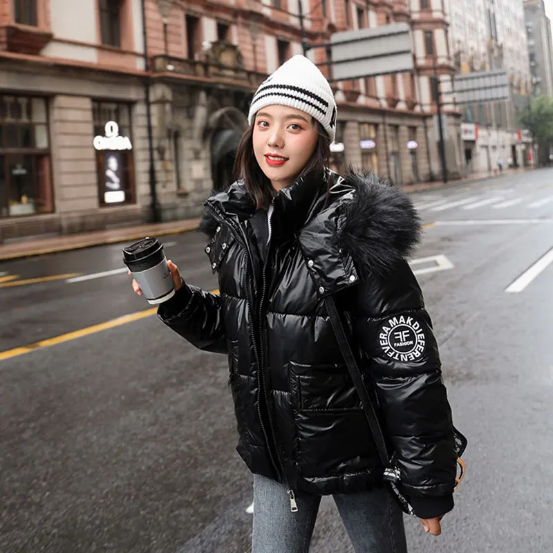 

Lusumily Women's Down Jacket Winter Loose Short Warm Coats White Duck Down Parka Large Faux Fur Collar Glossy Outwear Female