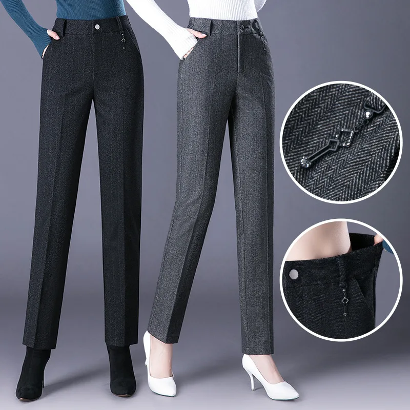 Women's Woolen Trousers Striped Vintage Pants Woman High Waist Button Straight Leg Pencil Pants Office Slim Business Pants Women 
Women's Woolen Trousers Striped Vintage Pants Woman High Waist Button Straight Leg Pencil Pants Office Slim Business Pants Women