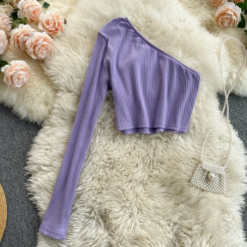 New Fashion Sexy Women One Shoulder Crop Tops Long T-Shirt Knit Elastic Short Casual Slim Solid Female Clothes 
New Fashion Sexy Women One Shoulder Crop Tops Long T-Shirt Knit Elastic Short Casual Slim Solid Female Clothes