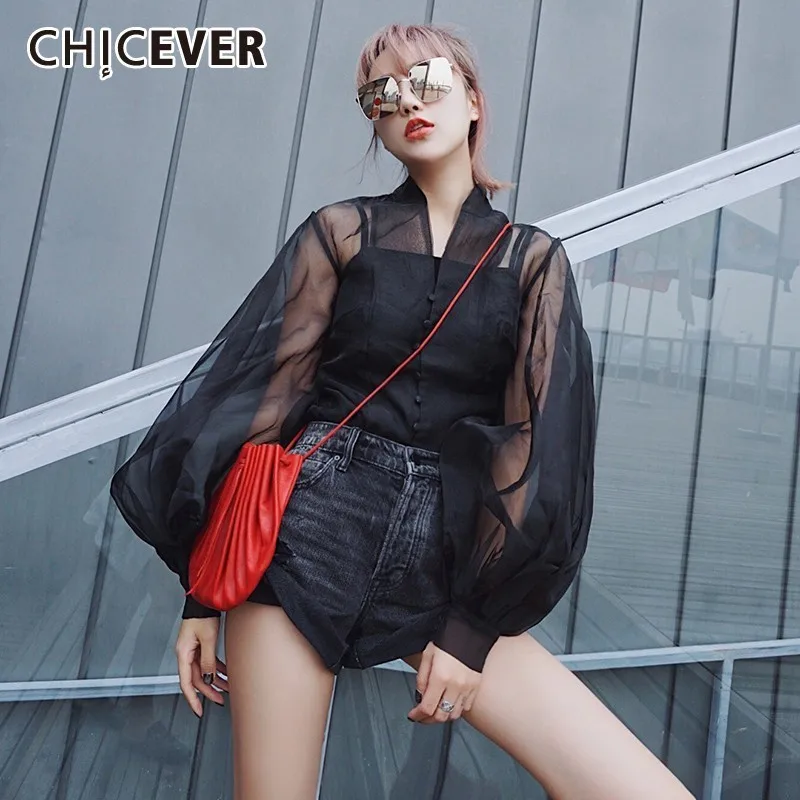 Летняя уличная одежда CHICEVER Прозрачная Черная Женская блузка с V образным вырезом