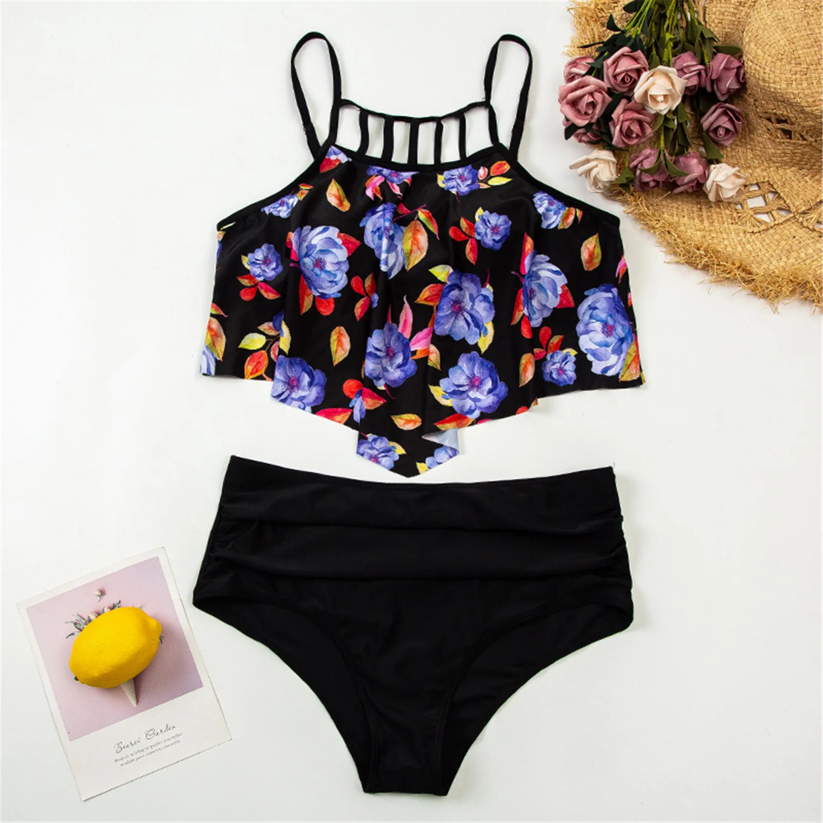 

Bandeau Ruffled Swimwear Women Swimsuit Push Up Bikini Sexy Printed Split Bikinis Set High Waist Biquini Swimming Bathing Suit