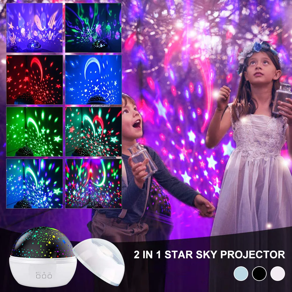 

Star Sky Projector 360 Degree Rotation Color Changing Night Light Baby Nursery Light with 2-Theme Projection Film Gifts for Kids
