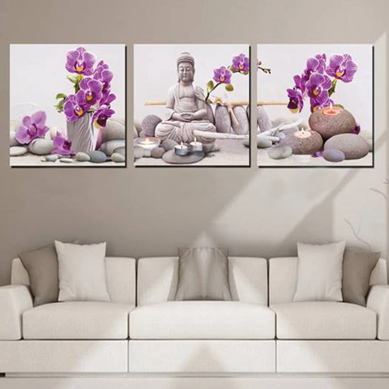 Триптих цветок статуя Будды искусственная живопись Настенная Наклейка сделай