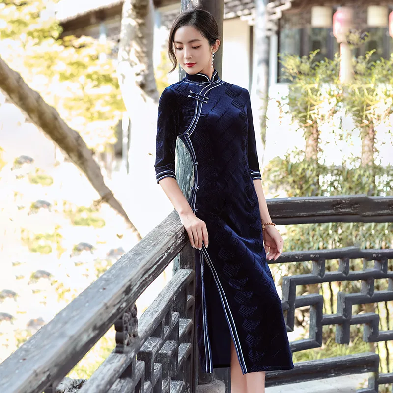 

3/4 Sleeve Velour Maxi Qipao Women Navy Blue Sexy Cheongsams Chinese Mandarin Collar Dress Gown Oversize Formal Party Vestidos