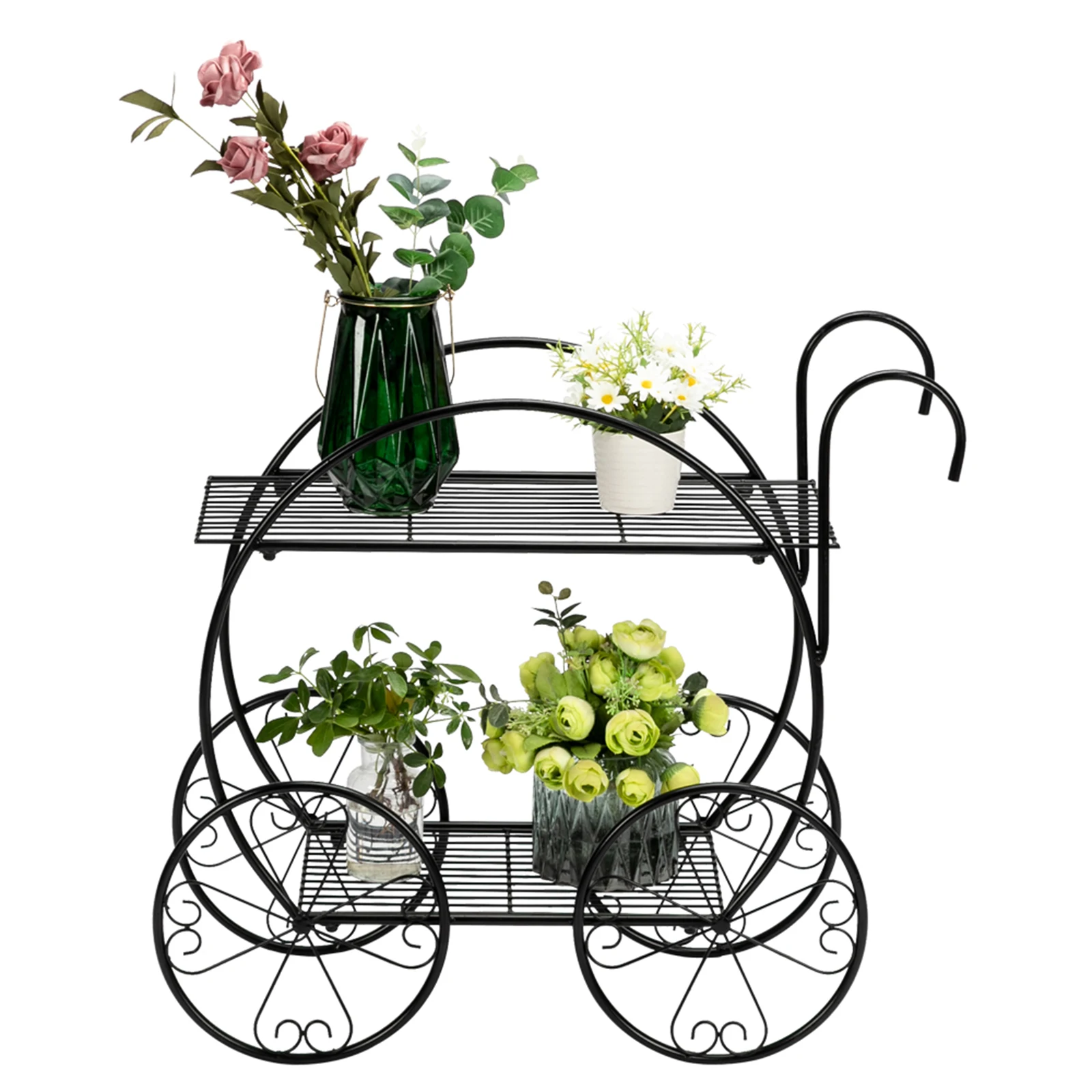 

2 Layer Plant Stand With Handle Cart Flower Planter Shelves Flower Pot Holder Rack Garden Plant Display Cart for Home Decors