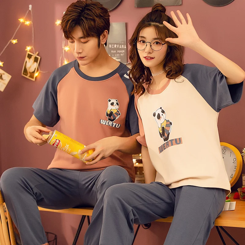 Summer Couple Pajamas Set Cotton Men's Sleepwear Female Short Sleeve Nightwear Short Top Pant Leisure M-4XL Pyjamas
Summer Couple Pajamas Set Cotton Men's Sleepwear Female Short Sleeve Nightwear Short Top Pant Leisure M-4XL Pyjamas