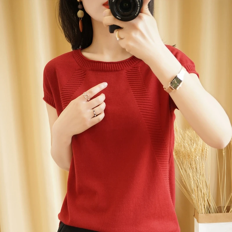 Women all-match fashionable blouse Half-sleeved cotton T-shirt o-neck Slim knit short-sleeved pullover 
Women all-match fashionable blouse Half-sleeved cotton T-shirt o-neck Slim knit short-sleeved pullover