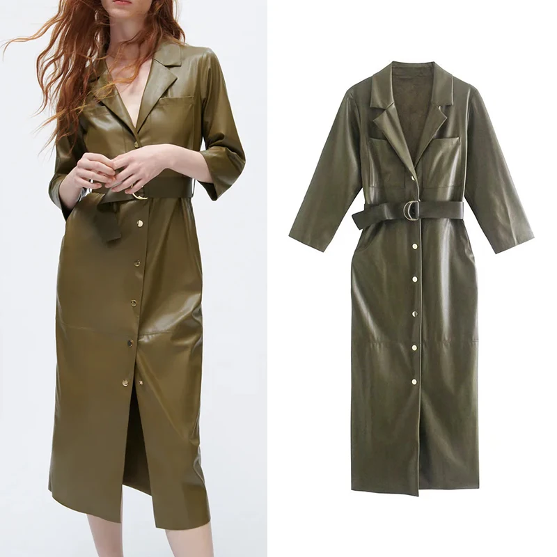 Za 2021 Autumn Winter Women Solid Faux Leather Shirt Style Dress With Belt Long Sleeve Ladies Temperament Midi Dress Vestidos
Za 2021 Autumn Winter Women Solid Faux Leather Shirt Style Dress With Belt Long Sleeve Ladies Temperament Midi Dress Vestidos