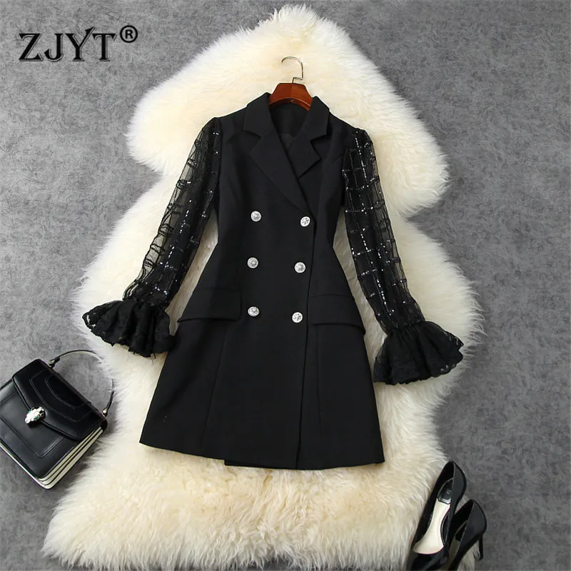 2020 New Autumn Winter Runway Fashion Flare Sleeve Sequined Mesh Patchwork Notched Short Black Office Blazer Dress Women Vestido
2020 New Autumn Winter Runway Fashion Flare Sleeve Sequined Mesh Patchwork Notched Short Black Office Blazer Dress Women Vestido