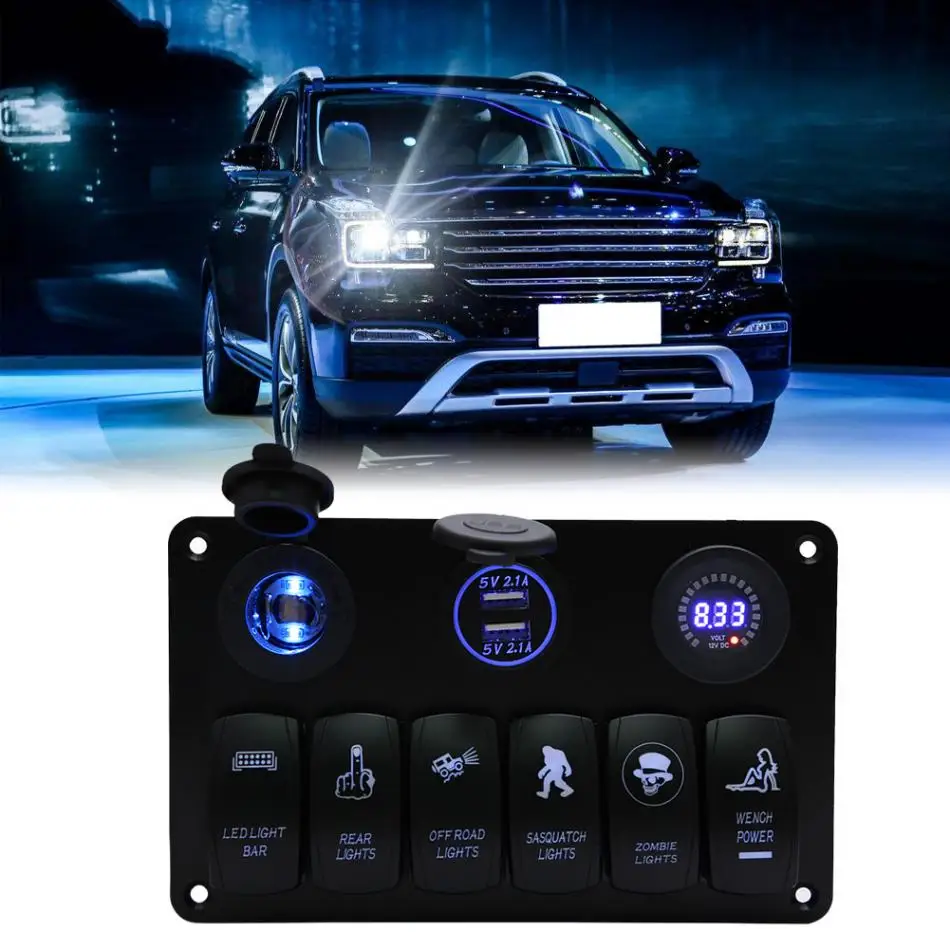 

12V-24V 6 Gang Rocker Switch Panel Circuit Breaker for Car Caravan Marine Boat RV Blue LED w/ Car Charger Voltmeter