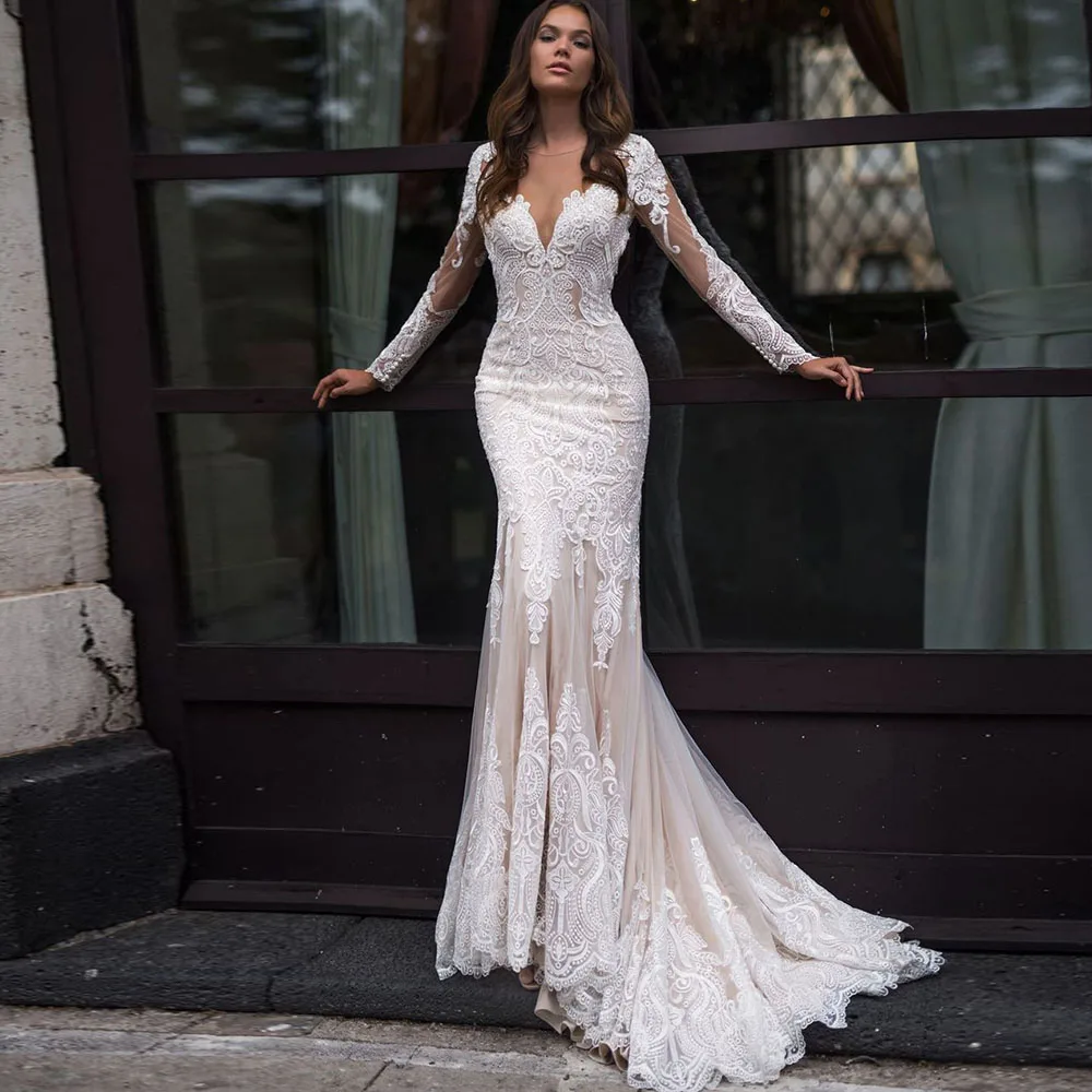 Exquisite Long Sleeve Wedding Dresses 2021 V-Neck Appliques Lace Court Train Bridal Gown Button Back Customized Свадебное Платье
Exquisite Long Sleeve Wedding Dresses 2021 V-Neck Appliques Lace Court Train Bridal Gown Button Back Customized Свадебное Платье