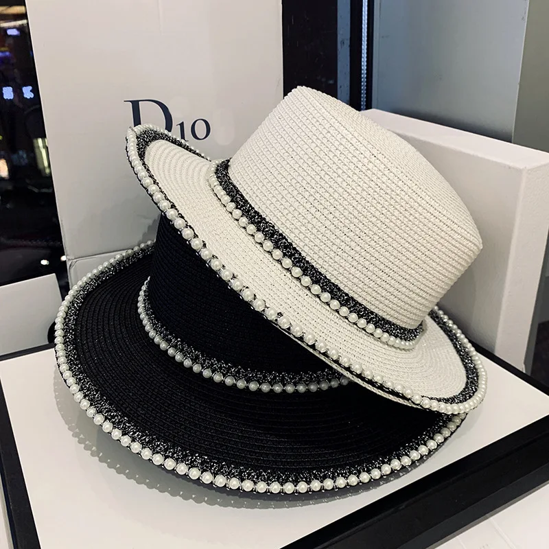

2020 New Summer Women Hats Sequin Visor Cap Brim Jazz Travel England Pearl Beach Caps Straw Hat Women Casual Panama Sun Hat