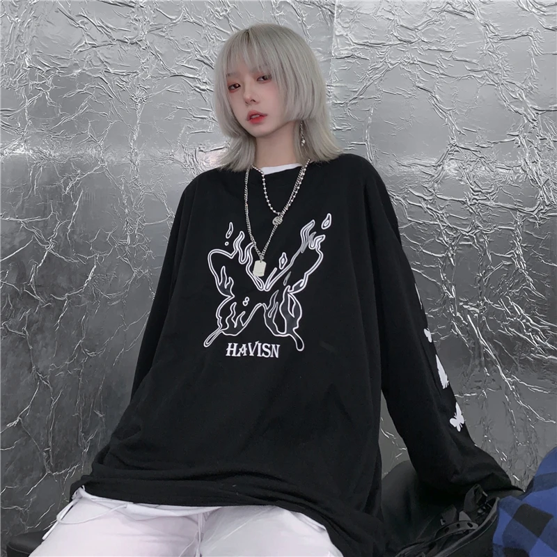 women spring and autumn Korean Harajuku style retro printing loose bf style bottoming shirt thin black top trend
women spring and autumn Korean Harajuku style retro printing loose bf style bottoming shirt thin black top trend
