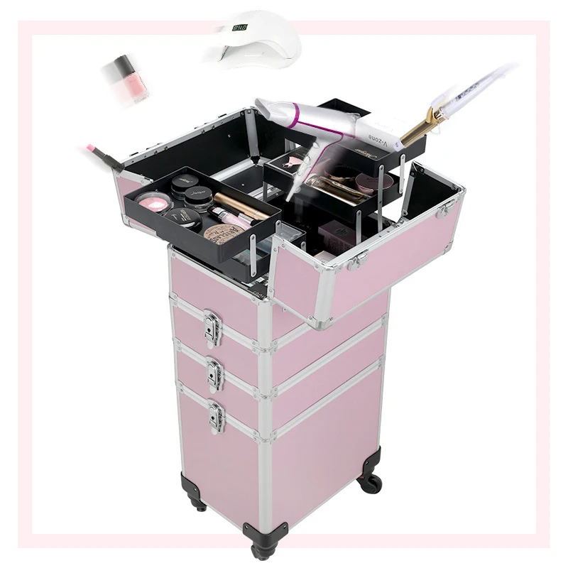 

New Women Trolley Cosmetic Bags on Wheel,Nails Makeup Toolbox,Detachable Foldable Beauty Suitcase Travel bag vs Rolling Luggage