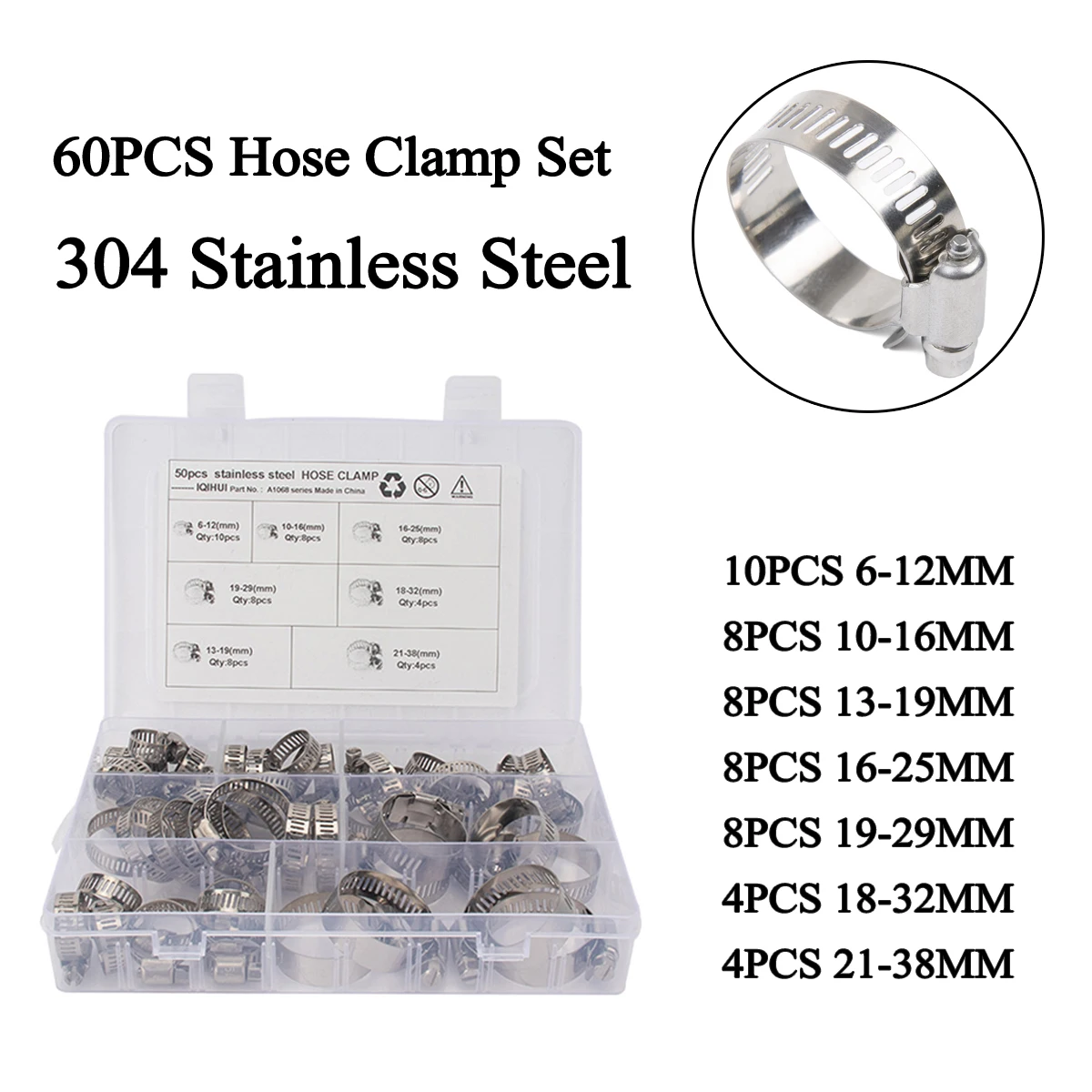 60Pcs Adjustable 6 to 38mm Diameter Clips Worm Gear Hose Clamp Assortment Kit for Various Pipes Automotive Mechanical Use
60Pcs Adjustable 6 to 38mm Diameter Clips Worm Gear Hose Clamp Assortment Kit for Various Pipes Automotive Mechanical Use