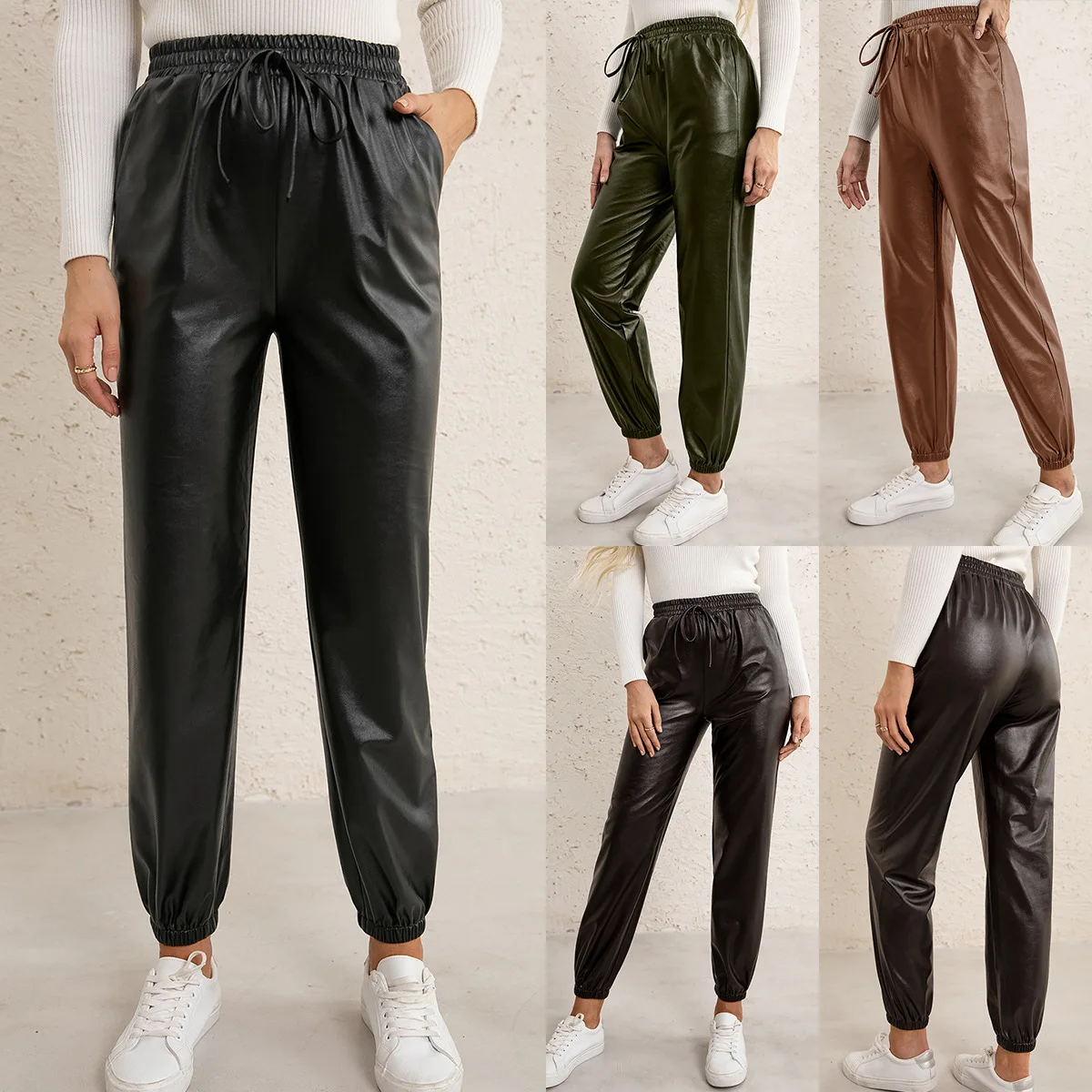 Pinkou Women Elegant PU Leather Pants Elastic Drawstring Tie Straight Style Solid Chic Female Casual Trousers Mujer KA114
Pinkou Women Elegant PU Leather Pants Elastic Drawstring Tie Straight Style Solid Chic Female Casual Trousers Mujer KA114