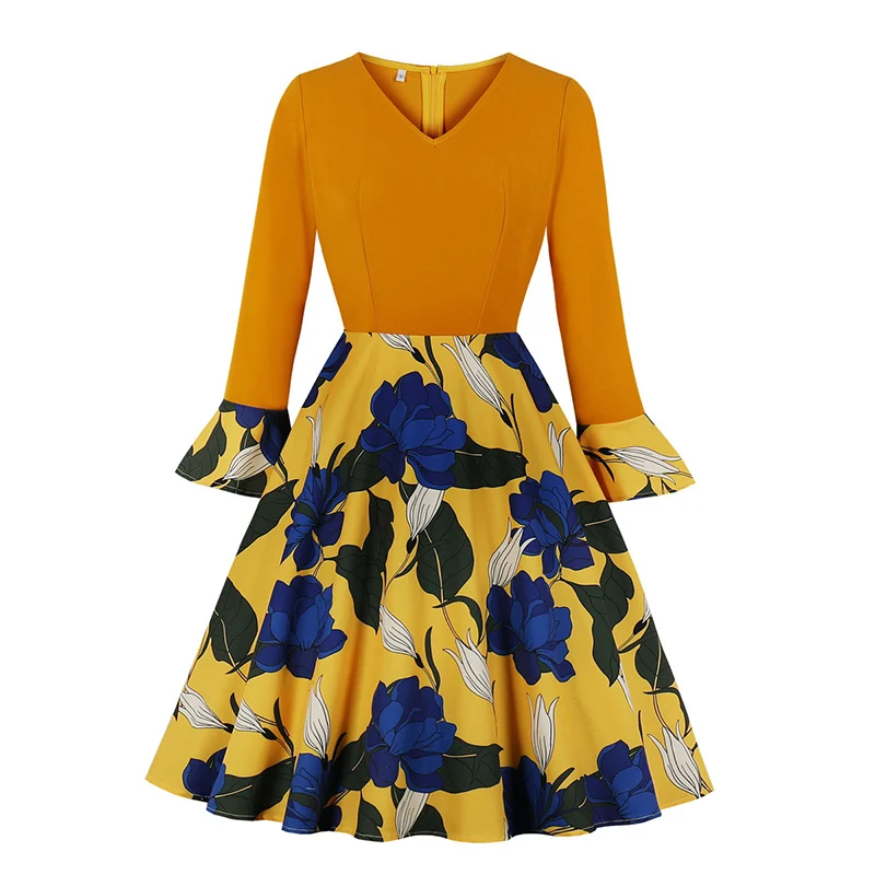 Women Flare Sleeve V Neck Spring Autumn Flower Printed Pary Casual A Line Knee Length Elegant Ladies Skater dress
Women Flare Sleeve V Neck Spring Autumn Flower Printed Pary Casual A Line Knee Length Elegant Ladies Skater dress