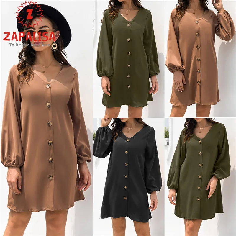 Fashion Women Solid Color A-Line Dress Single-Breasted Design V-Neck Long Lantern Sleeve Mid Waist Spring Autumn Casual Dress
Fashion Women Solid Color A-Line Dress Single-Breasted Design V-Neck Long Lantern Sleeve Mid Waist Spring Autumn Casual Dress