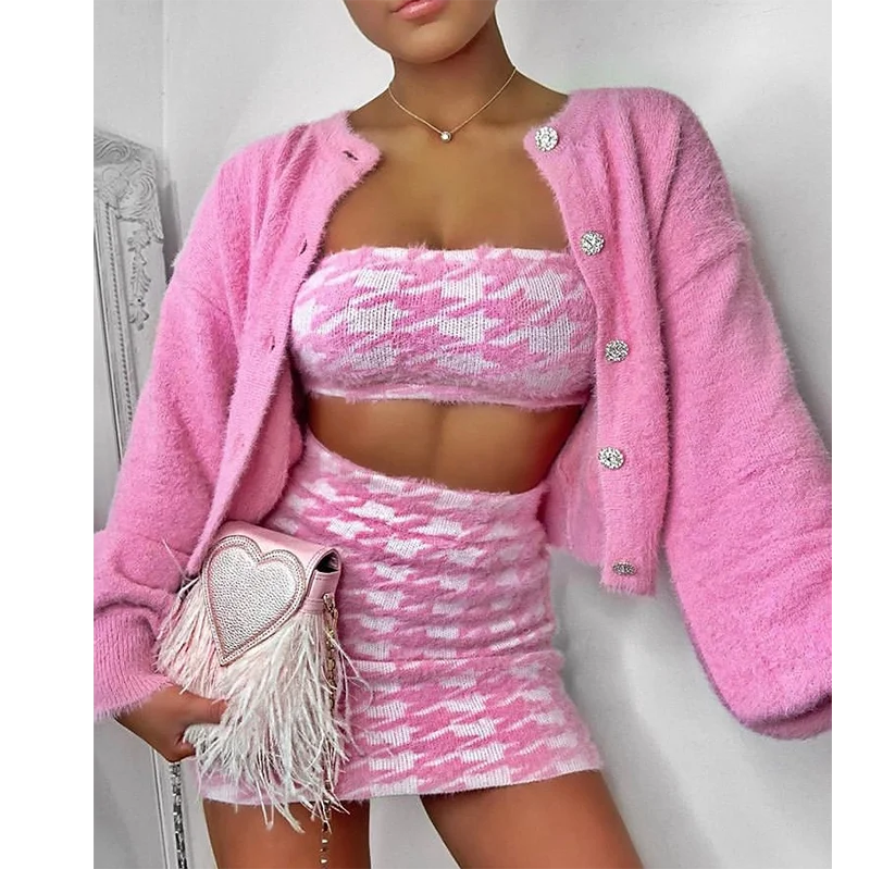 

Pink Knit Cardigans Sweater Women V Neck Loose elegaht Thicked Pull Femme Print Short Casual Coat crop top and Skirt Set