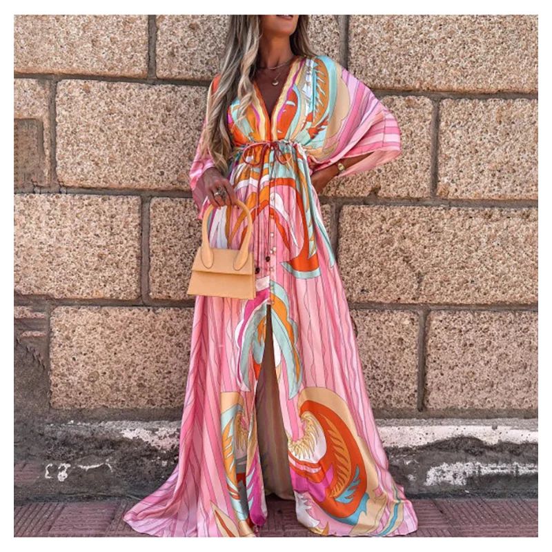 Spring Summer Fashion Loose V-neck Long Dress Retro Womens Slit Long Dress Women’s Elegant Floral Print Beach Dress
Spring Summer Fashion Loose V-neck Long Dress Retro Womens Slit Long Dress Women’s Elegant Floral Print Beach Dress
