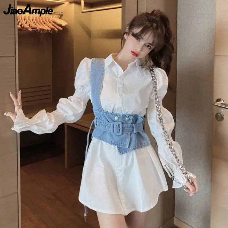 2021 Spring Autumn Women Fashion Shirt Dress Korean Lady Sweet Graceful Puff Long Sleeve Polo Collar Mini Dresses+denim Vest Set
2021 Spring Autumn Women Fashion Shirt Dress Korean Lady Sweet Graceful Puff Long Sleeve Polo Collar Mini Dresses+denim Vest Set