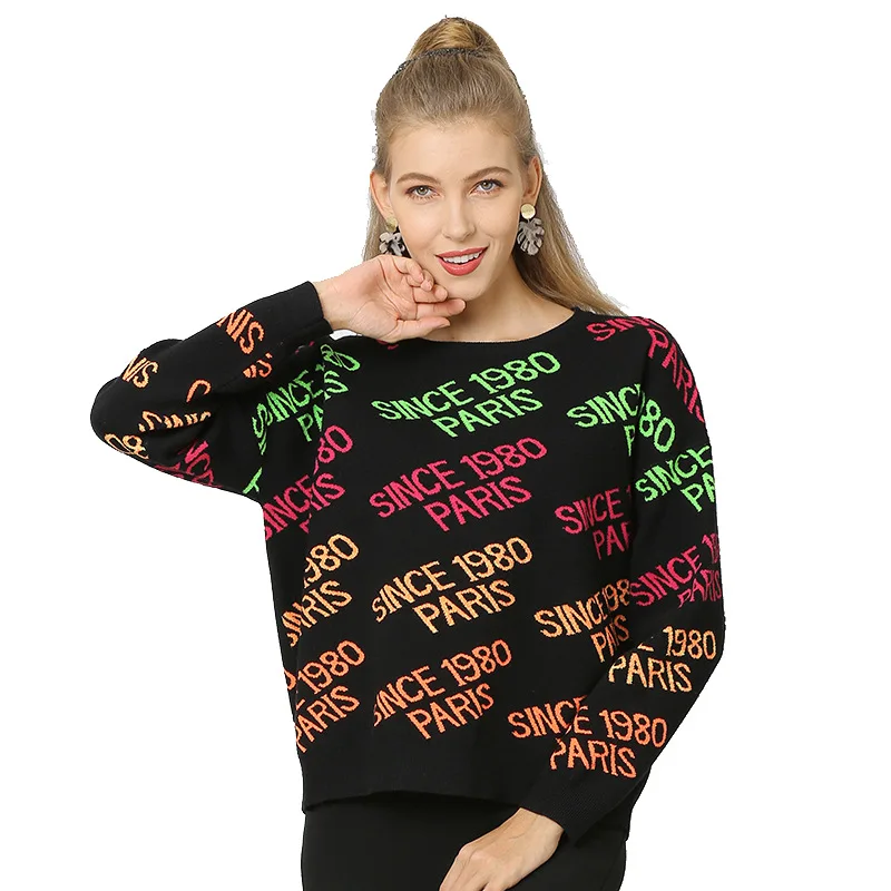 Knitted Outerwear Letter Print Sweater Women Tops Jacquard Loose O-neck Long Sleeve Sweaters Casual Pull Femme T19804
Knitted Outerwear Letter Print Sweater Women Tops Jacquard Loose O-neck Long Sleeve Sweaters Casual Pull Femme T19804