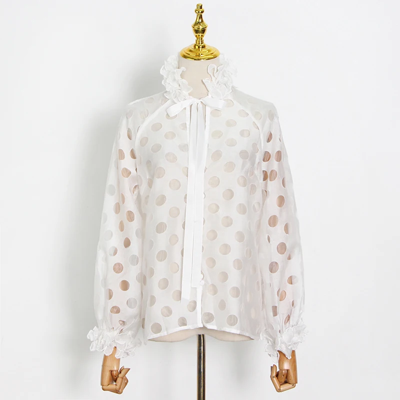 VGH Casual Polka Dot Shirts For Women Stand Collar Puff Long Sleeve Straight Korean Lace Up Blouses Female 2021 Fashion Clothing
VGH Casual Polka Dot Shirts For Women Stand Collar Puff Long Sleeve Straight Korean Lace Up Blouses Female 2021 Fashion Clothing