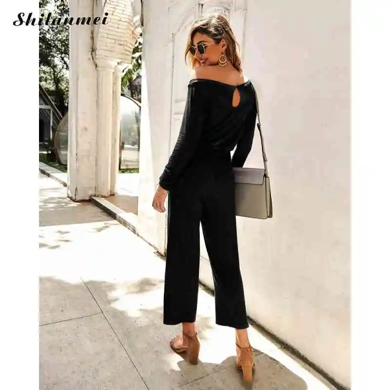 

Elegant One Shoulder Casual Jumpsuits High Waist Straight Wide Legs Office Wears 2019 Autumn Burgundy Loose Women Long Overalls