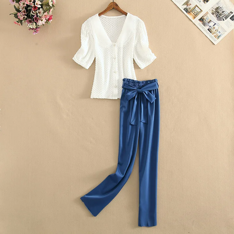 Women Summer New White Polka Dot Short Sleeve Organza Lace Blouse Shirt Tops & Bow Tie Long Pants Set Suits Office Lady 2021
Women Summer New White Polka Dot Short Sleeve Organza Lace Blouse Shirt Tops & Bow Tie Long Pants Set Suits Office Lady 2021