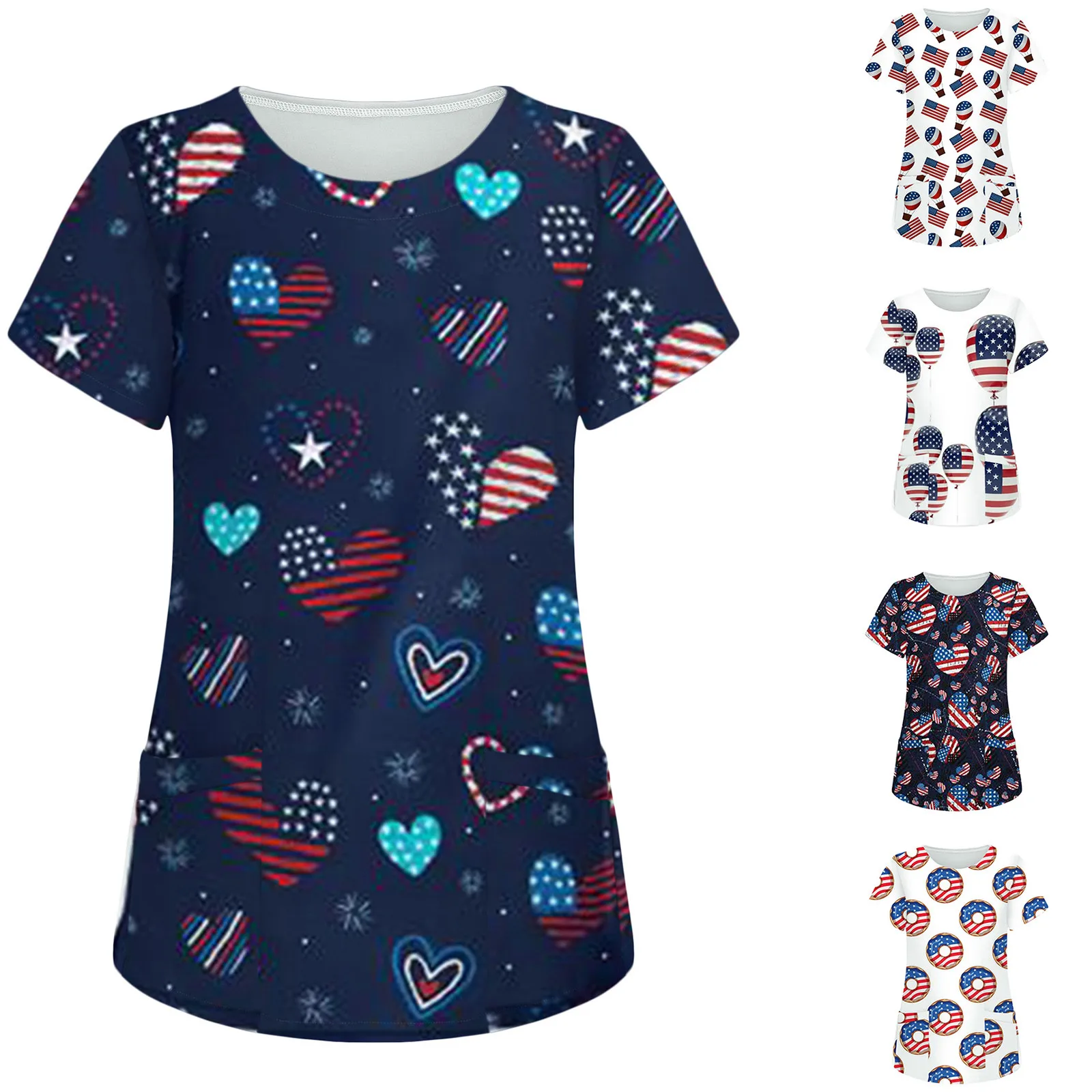 Women Short Sleeve O-Neck Tops Working Uniform Independence Day Printed Pocket Blouse Nursing Clinical Uniform Protect Workwear
Women Short Sleeve O-Neck Tops Working Uniform Independence Day Printed Pocket Blouse Nursing Clinical Uniform Protect Workwear