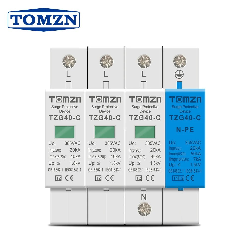 

AC SPD 3P+NPE 50KA T1 T2 385V 255V House Surge Protector Protective Low-voltage Arrester Device