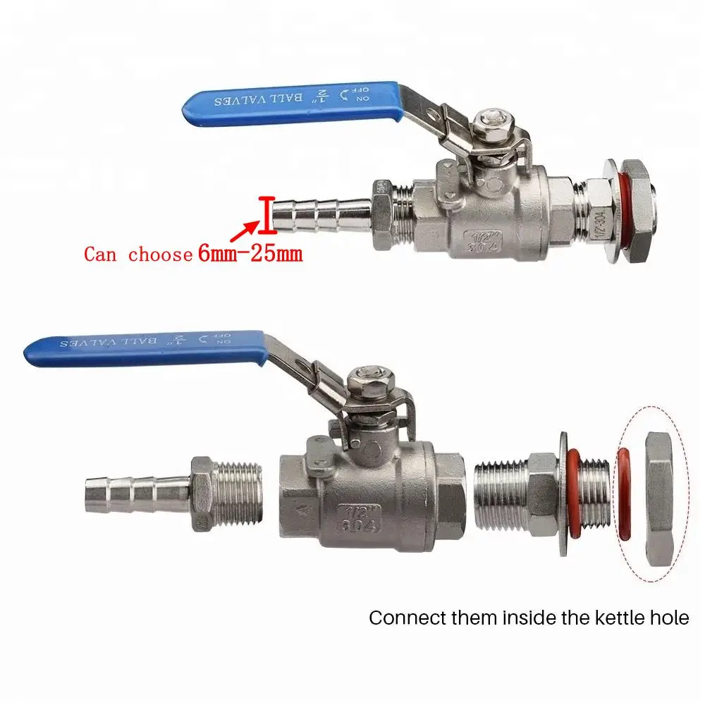 1/2" 304 Stainless Steel Weldless Compact Ball Valve & Barb-Homebrew Beer Kettle Pot
1/2" 304 Stainless Steel Weldless Compact Ball Valve & Barb-Homebrew Beer Kettle Pot
