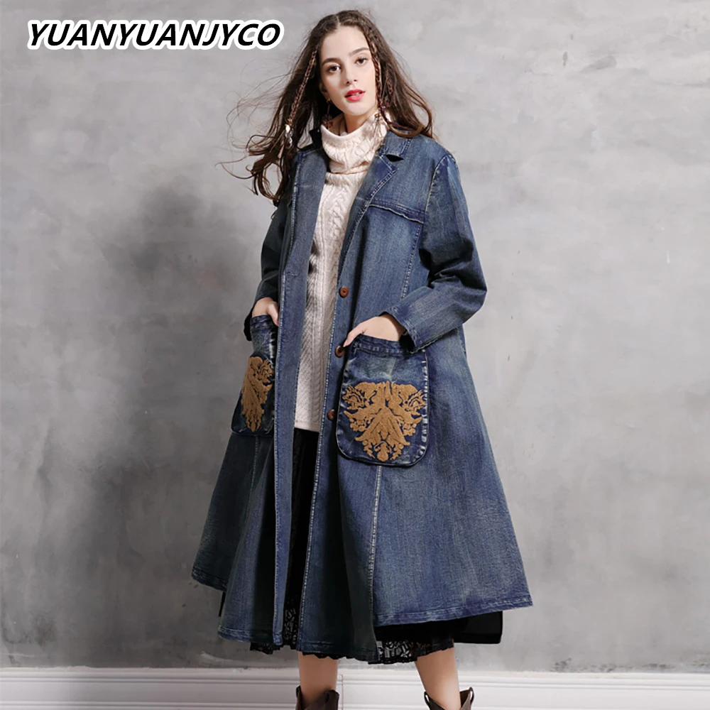 YUANYUANJYCO Autumn Spring Women Long Indie Folk Denim Trench Coat FY3 Vintage Embroidery Floral Straight Big Pocket Jacket 
YUANYUANJYCO Autumn Spring Women Long Indie Folk Denim Trench Coat FY3 Vintage Embroidery Floral Straight Big Pocket Jacket