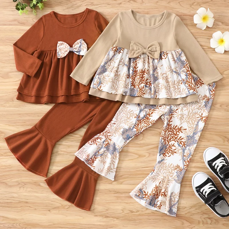 

Spring Fall Girls Outfits Kids Clothes Girls 2 Pcs Sets Bow Long Sleeve Top+boot Cut Pant Fashion Clothes Girls Clothing Set1-6Y