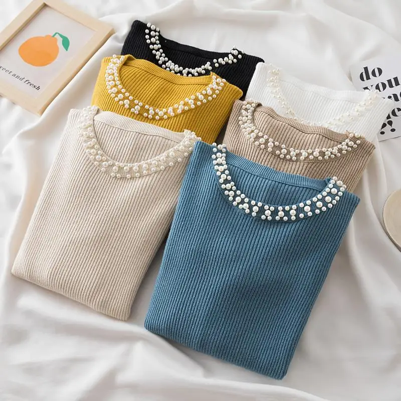 Women Autumn Winter O-Neck Pearls Knitted Pullovers Long Sleeves Beaded Sweater Slim Short Bottoming Shirt Jumper Knitwear Tops
Women Autumn Winter O-Neck Pearls Knitted Pullovers Long Sleeves Beaded Sweater Slim Short Bottoming Shirt Jumper Knitwear Tops
