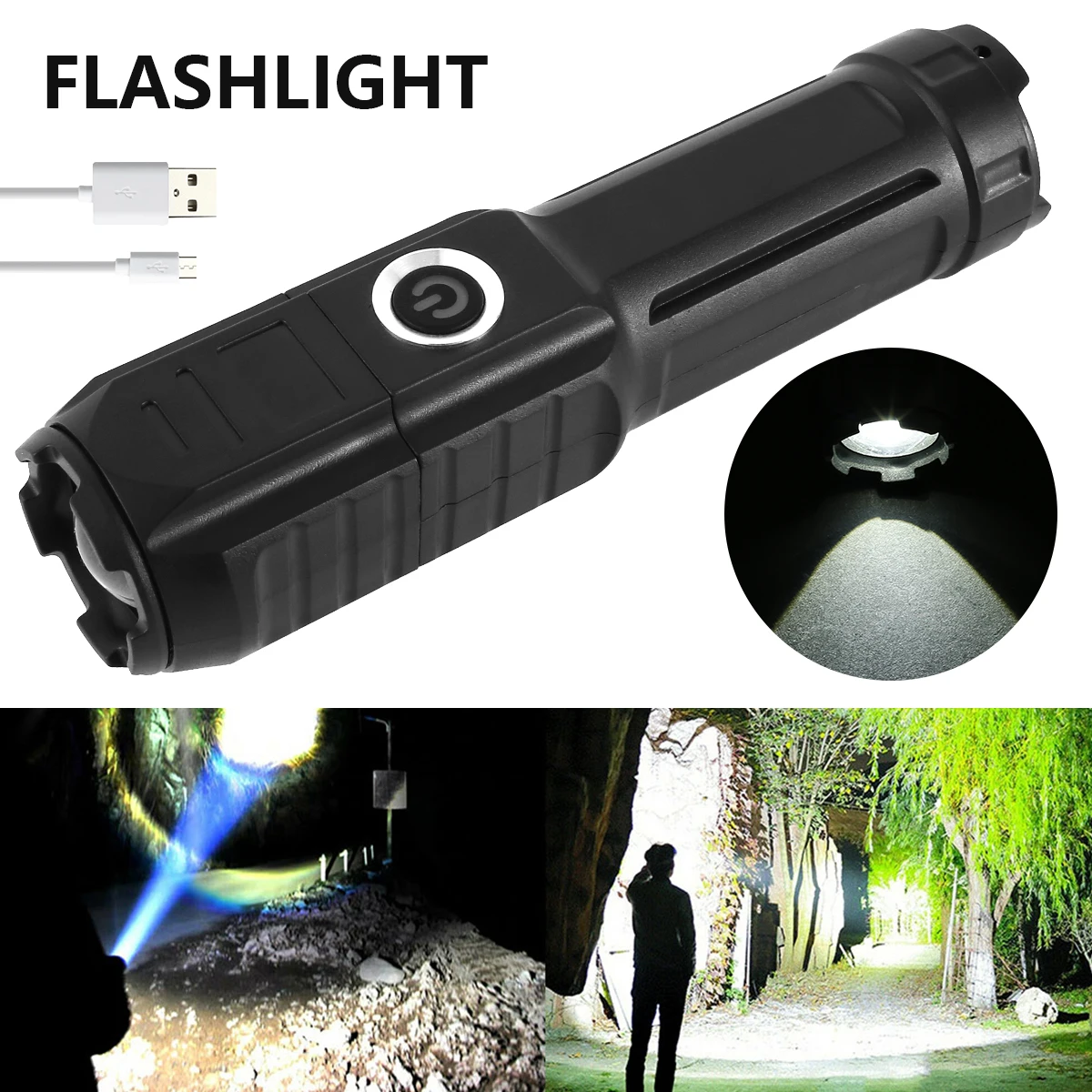 

Outdoor Emergency Searchlight USB Rechargeable Flashlight Zoomable Tactical Torch Hiking Spotlight Portable Camping Torch