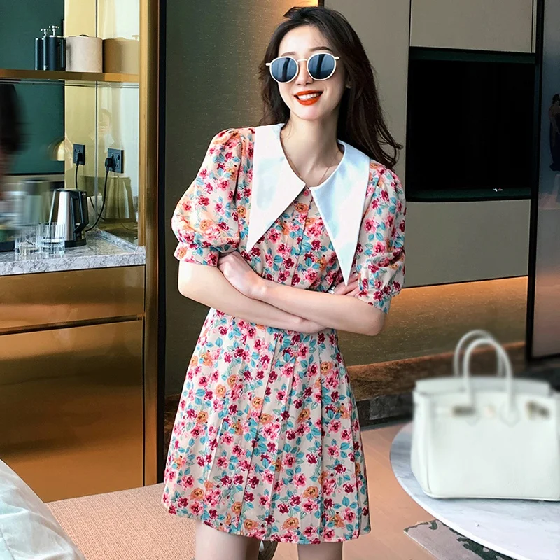 Short sleeve chiffon floral dress short sailor collar A-line summer boho natural factors knee length
Short sleeve chiffon floral dress short sailor collar A-line summer boho natural factors knee length