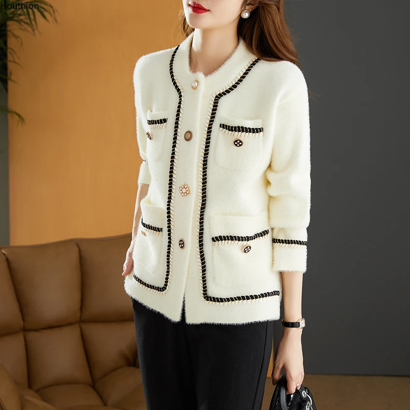 Женский вязаный кардиган с круглым вырезом, с длинным рукавом 
Женский вязаный кардиган с круглым вырезом, с длинным рукавом