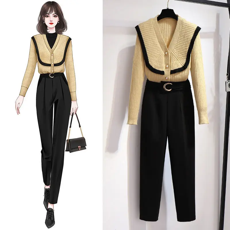 Slim Two Piece Set Female V-neck Sweater + High Waist Straight Pants Suit Lady Casual Plus Size Set 2021 Autumn Winter New
Slim Two Piece Set Female V-neck Sweater + High Waist Straight Pants Suit Lady Casual Plus Size Set 2021 Autumn Winter New