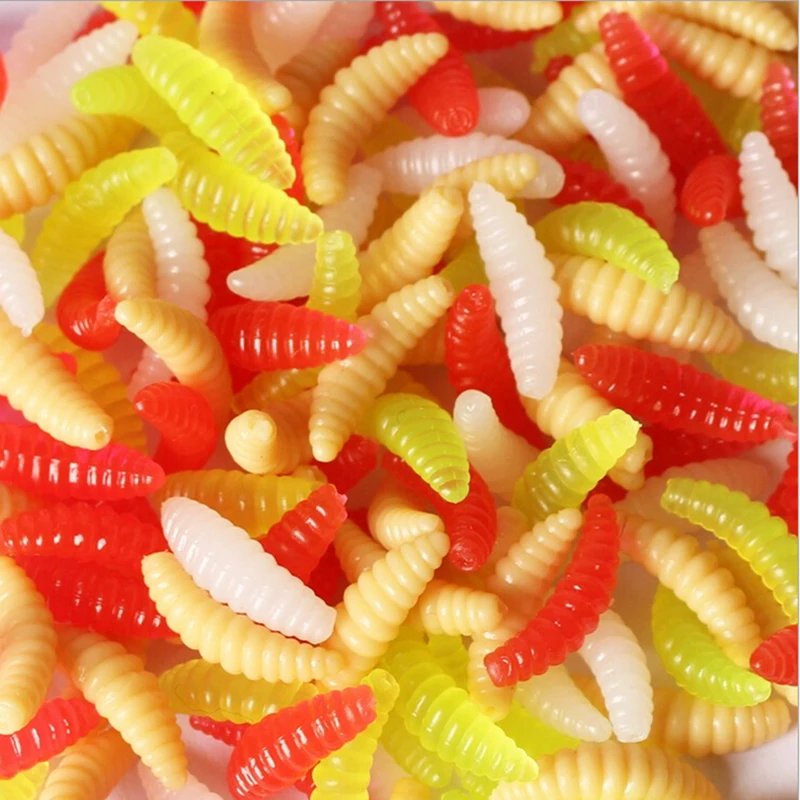 

50PCS/Bag Bread Worm Silicone Artificial Baits 2cm 0.3g Maggot Grub Soft Fishing Lure Hooks Smell Worms Glow Shrimps Fish Lures