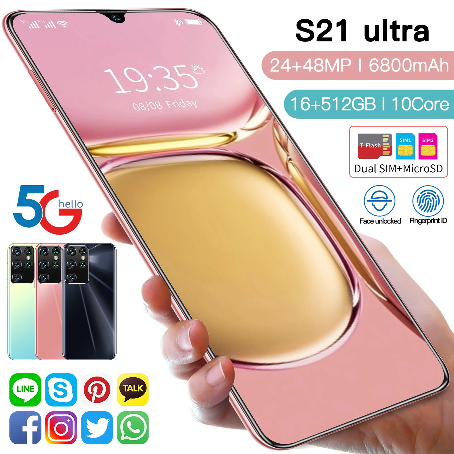 Hot Sale S21 Ultra 12GB+512GB 7.1 Inch Full Screen 24+48MP Fingerprint ID 6800mAh Andriod 10.0 Smartphone MTK6595 3040*1440
Hot Sale S21 Ultra 12GB+512GB 7.1 Inch Full Screen 24+48MP Fingerprint ID 6800mAh Andriod 10.0 Smartphone MTK6595 3040*1440
