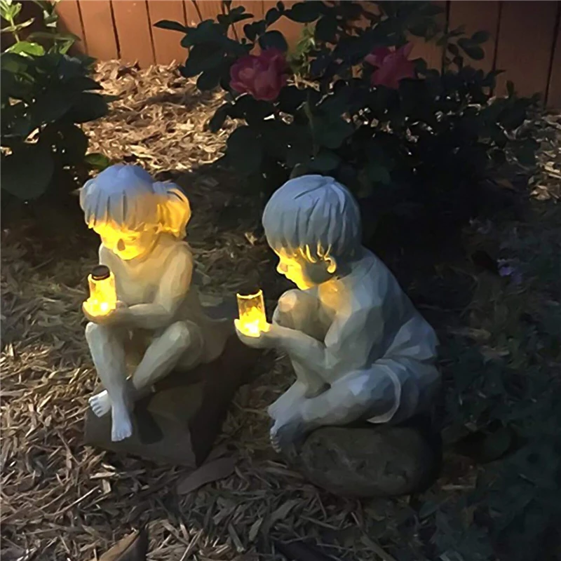 Children Statue Garden Ornament Decorative Solar Lighted Resin Craft Boy Girl Sculpture Landscaping Lawns Yard Pond Decor | Дом и сад
