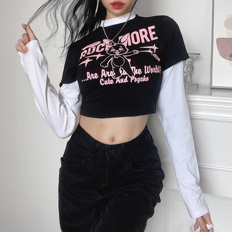 Women Fake 2-piece Crop Tops Fashion Long Sleeve Crew Neck Cartoon Rabbit Casual Daily T-shirts Streetwear Ladies Tee Tops
Women Fake 2-piece Crop Tops Fashion Long Sleeve Crew Neck Cartoon Rabbit Casual Daily T-shirts Streetwear Ladies Tee Tops