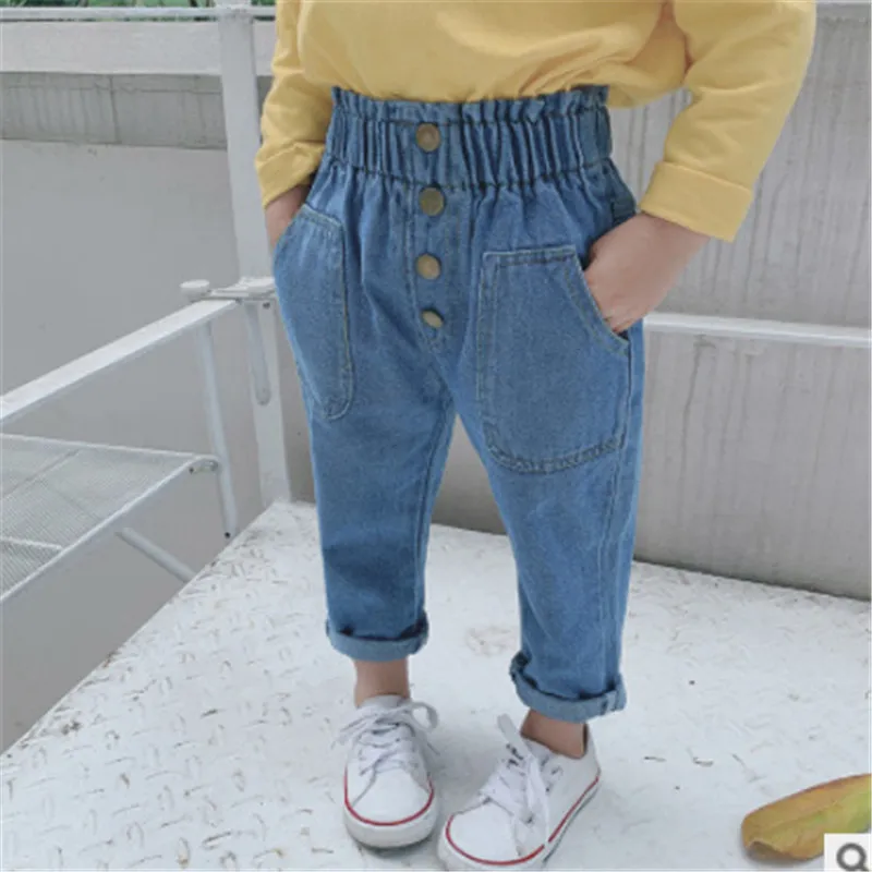 

6M-5T Baby Kid's High Waist Jeans, Sweet Elastic Buttoned Waist Loose Long Trousers with Pockets for Spring Autumn