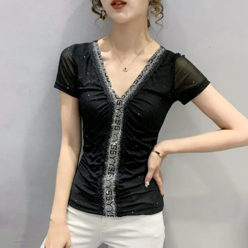 #7119 Black Black Red Short Sleeve T Shirt Women V-Neck With Diamonds Sexy Tight Basic T Shirt Female Mesh T-Shirt Femme Thin
#7119 Black Black Red Short Sleeve T Shirt Women V-Neck With Diamonds Sexy Tight Basic T Shirt Female Mesh T-Shirt Femme Thin