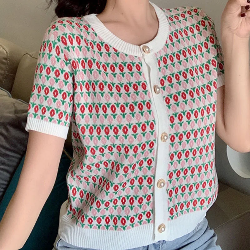 Women Summer Fashion Single Breasted Printed Elastic Knitted Sweater 2021 Women Short Sleeve Sweet All-Match Thin New Tops Lady
Women Summer Fashion Single Breasted Printed Elastic Knitted Sweater 2021 Women Short Sleeve Sweet All-Match Thin New Tops Lady