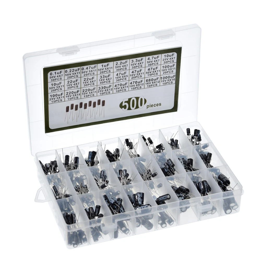 500Pcs/lot diy 0.1UF-1000UF 24Values Aluminum Electrolytic Capacitors 16-50V Mix Electrolytic Capacitor Assorted Kit Set Box
500Pcs/lot diy 0.1UF-1000UF 24Values Aluminum Electrolytic Capacitors 16-50V Mix Electrolytic Capacitor Assorted Kit Set Box