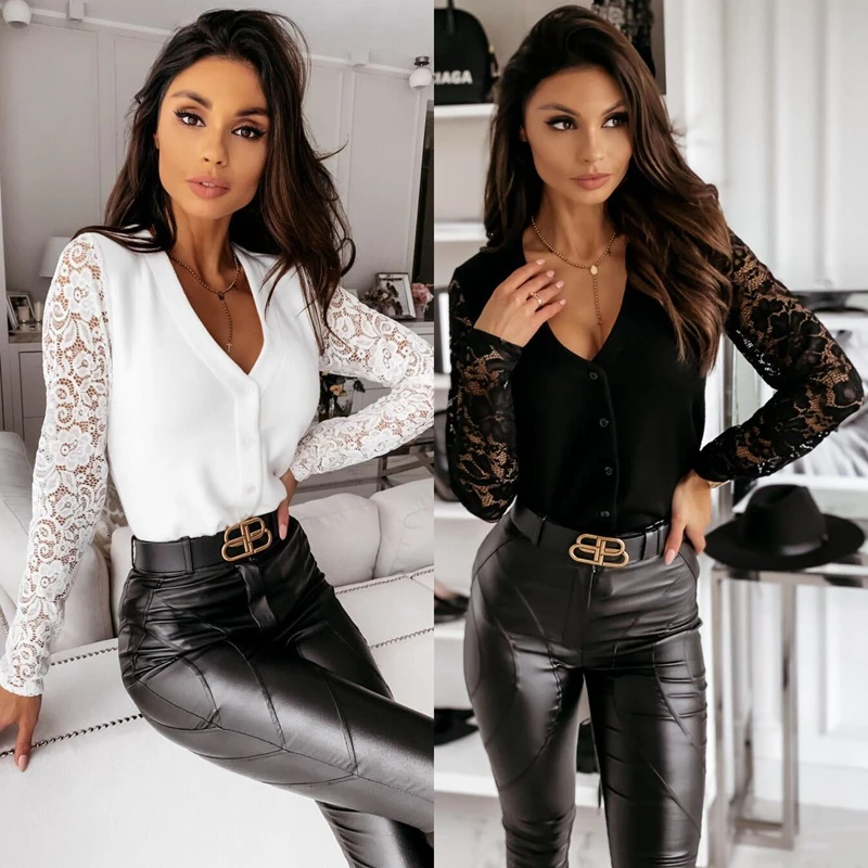 Fashion Women Autumn V Neck Crop Top Sexy Sheer Floral Lace Long Sleeve Black White Button Down Knitted Blouse Shirt Top Tees
Fashion Women Autumn V Neck Crop Top Sexy Sheer Floral Lace Long Sleeve Black White Button Down Knitted Blouse Shirt Top Tees