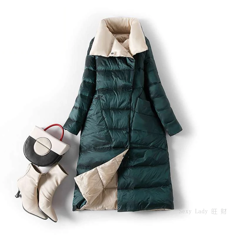 Women Double Sided Down Long Jacket Double Breasted Snow Outwear Warm Parka Stand Collar Lapel 90% White Duck Down Coat
Women Double Sided Down Long Jacket Double Breasted Snow Outwear Warm Parka Stand Collar Lapel 90% White Duck Down Coat