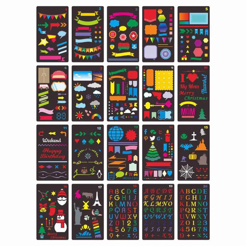 20pcs/set Journal Drawing Template Stencil Painting Embossing Scrapbooking DIY Diary Decorative
20pcs/set Journal Drawing Template Stencil Painting Embossing Scrapbooking DIY Diary Decorative